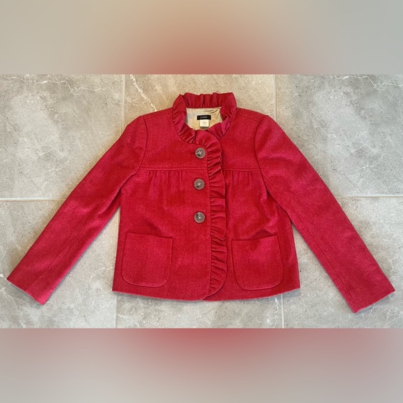 J.CREW Fiona Blazer Red Herringbone Ruffle Wool | Size 2 Womens - Picture 2 of 10